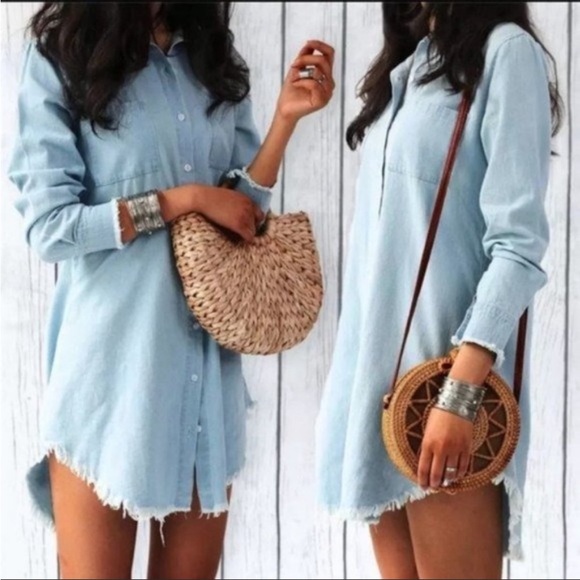 Light Wash Denim Oversized Shirt Chambray Button Up Fringed Hem Mini Dress NEW - Picture 5 of 5